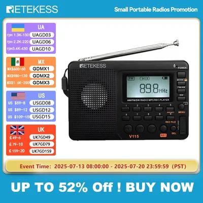 Retekess V115 Radio FM AM SW Portable Radios AM FM Rechargeable Shortwave Radio Battery Powered Full Waves USB Recorder For Gift