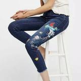 Free People Jeans | Free People Embroidered Bird Raw Hem Cropped Skinny Jeans Sz 25 | Color: Blue/Red | Size: 25
