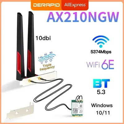 Wi-Fi 6E AX210NGW Wireless Card 5374Mbps BT5.3 Desktop Kit Antenna 802.11ax Tri-Band 2.4G/5Ghz/6G