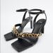Zara Shoes | Heeled Leather Sandals With Chain Detail | Color: Black/Gold | Size: 5