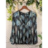 Free People Tops | Free People Gray Teal Blue Floral Deep V Neck Bell Flare Sleeve Blouse Top Xs | Color: Blue/Gray | Size: Xs