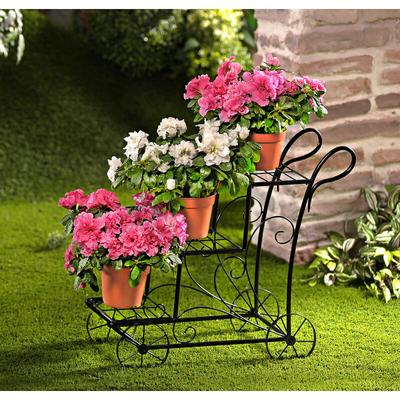 Spetebo - Metall Blumenwagen schwarz - 50 x 50 cm - Blumentreppe mit 3 Ablagen Image