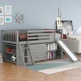 Low Loft Bed with Attached Bookcases and Separate 3-tier Drawers, Gray/White