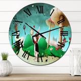 Design Art White Rabbit Alice In Wonderland II - Children's Art wall clock Metal in Brown/Green/Red | 16 H x 16 W in | Wayfair CLM40119-C16