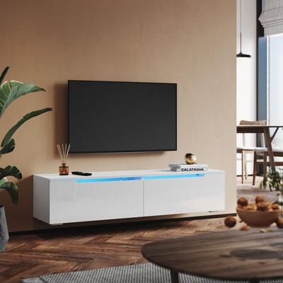 Tv Board mit led Beleuchtung Hängend Weiß Hochglanz 140 cm Modern 2 Klappen - Sonni Image
