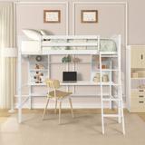 Modern Twin Size Solid Pine Wood Loft Bed with Full Length Guardrail, Incline Ladder and Desk with 2 Corner Shelves