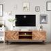 ExBrite Solid Wood Media Console Woodcraft HerringBone Pattern 2 Doors & Metal Legs for TV Table Bench Stand