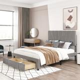 Contemporary Style Queen Size Storage Bed Velvet Upholstered Platform Bed with a Big Drawer