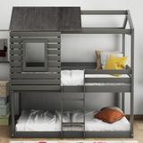 Contemporary Style Twin Over Twin Bunk Bed Wood Loft Bed with Roof, Window, Guardrail, Ladder