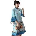 Chinese Cheongsam A-line Dress Women Loose Comfortable 3/4 Sleeve Qipao Traditional Chinese Clothes for Holiday Summer,Blue,3XL(Bust:106m)