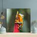 Gracie Oaks Yellow Frog On Red Metal Bar - 1 Piece Square Graphic Art Print On Wrapped Canvas in Green/Red | 12 H x 12 W x 2 D in | Wayfair