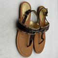 Coach Shoes | Coach Signature Sammy Ankle Strap Thong Sandals Size 7b Brown Tan Gold | Color: Brown/Tan | Size: 7