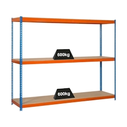PROREGAL Schwerlastregal WOOD BEAST THREE | HxBxT 200x180x60cm | 3 Ebenen | Fachlast 600kg | Blau-Orange | Werkstattregal Lagerregal Gargenregal Image
