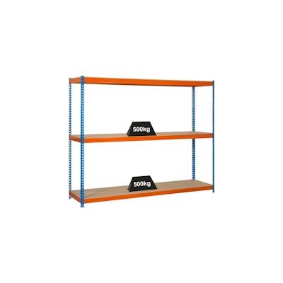 PROREGAL Schwerlastregal WOOD BEAST THREE | HxBxT 200x210x60cm | 3 Ebenen | Fachlast 500kg | Blau-Orange | Werkstattrega