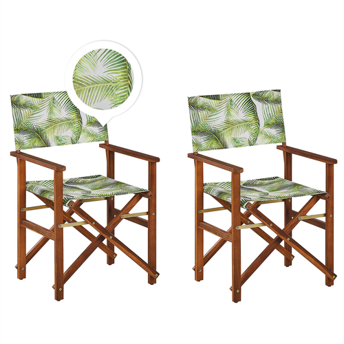 Gartenstühle 2er Set Dunkles Akazienholz mit Wechselbarem Bezug Cremeweiß / Hellgrün Zusammenklappbar Palmenmuster Outdoor Gartenzubehör