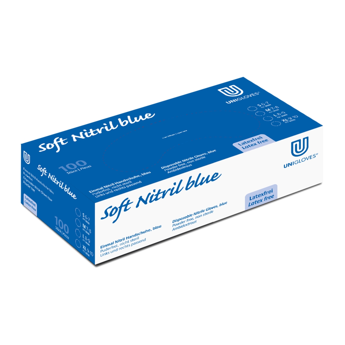 UNIGLOVES - Soft Blue ECO Nitrilhandschuhe, blau, Größe M, puderfrei, lebensmittelecht - 10x100 (1.000 Stück) Image