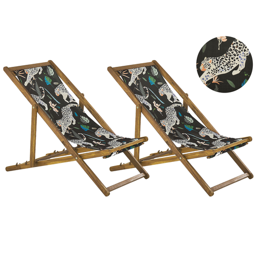 Liegestühle 2er Set aus hellem Akazienholz mit schwarzem Bezug zusammenklappbar Gepardenmotiv Gartenausstattung Outdoor Gartenzubehör Modern