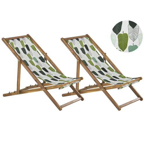 Liegestühle 2er Set Weiß / Grün aus hellem Akazienholz mit Bezug zusammenklappbar Blättermotiv Gartenausstattung Outdoor Gartenzubehör Modern