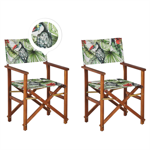 Gartenstühle 2er Set Dunkles Akazienholz mit Wechselbarem Bezug Grau / Bunt Zusammenklappbar Tukanmuster Outdoor Gartenzubehör