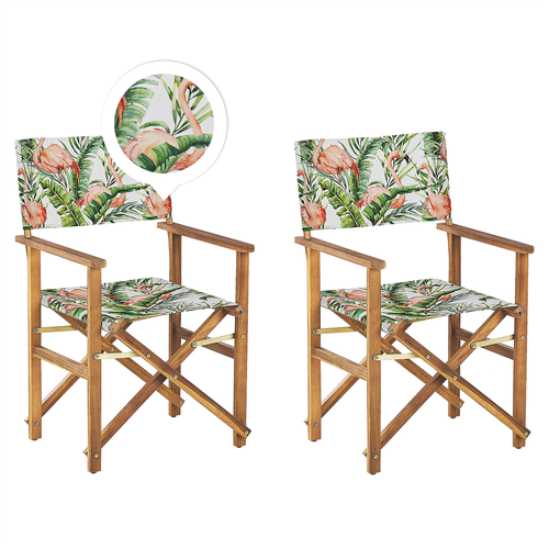 Gartenstühle 2er Set Helles Akazienholz mit 4 Wechselbaren Stoffbezügen Cremeweiß/Bunt Flamingomuster Zusammenklappbar Outdoor Gartenzubehör