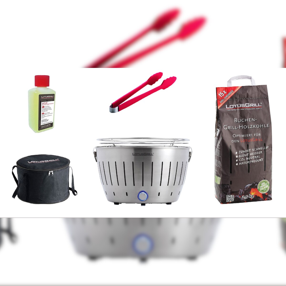LotusGrill Starter-Set Classic 1x Grill Edelstahl mit USB-Anschluß, 1x Buchenholzkohle 2,5 kg, 1x Brennpaste 200ml, 1x Würstchenzange (Farbe nach Image