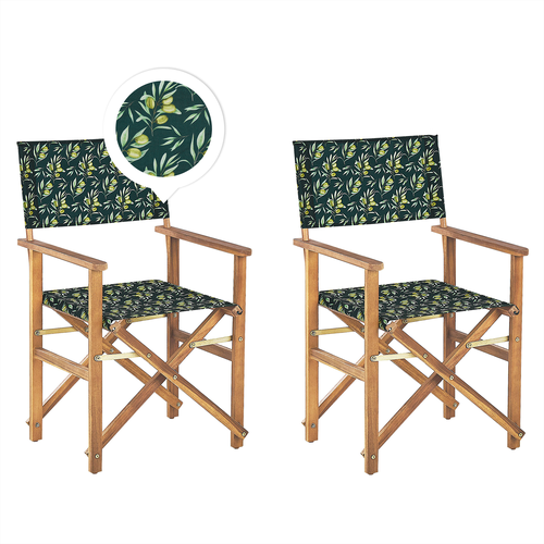 Gartenstühle 2er Set Hellbraunes Akazienholz mit 4 Wechselbaren Stoffbezügen Grau und Grün mit Olivenmuster Zusammenklappbar Outdoor Garten
