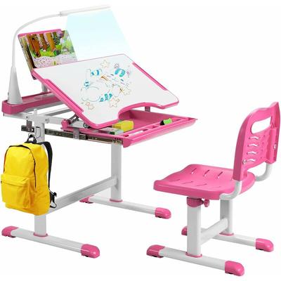 Kinderschreibtisch Set mit Bücherstaender& LED-Licht, hoehenverstellbarer Kindertisch und Stuhl mit
