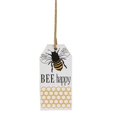 Bee Happy Tag - 8" high (with hanger) by 2" wide by .25" deep.