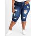 Plus Size Distressed Denim Raw Edge Capris