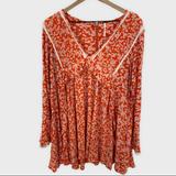 Free People Dresses | Free People Orange Floral Flowy Bell Sleeve Tunic Dress | Color: Orange/White | Size: Xs