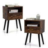 2 Pcs Nightstand Side Table W/ Drawer & Shelf, End Table, Rustic Brown