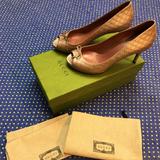 Gucci Shoes | Authentic Gucci Gg Monogram Peep Toe Heels W/ Gucci Box And Gucci Shoe Bags | Color: Gold/Pink | Size: 7.5