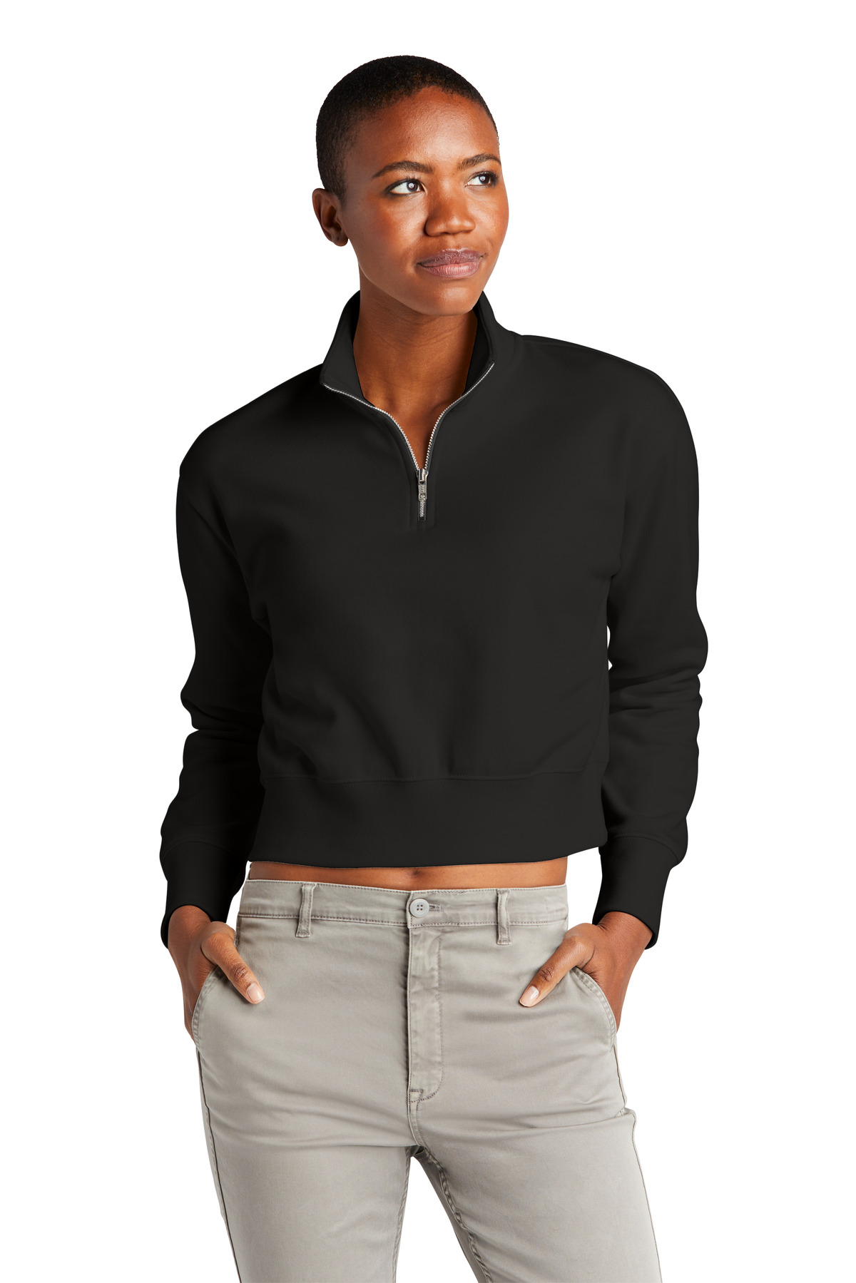 District DT6111 Women's V.I.T. Fleece 1/2-Zip T-Shirt in Black size Small | Cotton/Polyester Blend