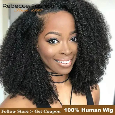 REBECCA − Perruque bob brésilienne naturelle cheveux crépus bouclés afro avec bonnet en