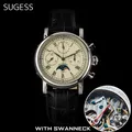 Sugess-Montre-bracelet en cuir véritable pour homme ST1908 mouvement à col de cygne chronographe