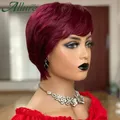 Perruque brésilienne naturelle coupe courte Pixie avec frange cheveux lisses couleur bordeaux