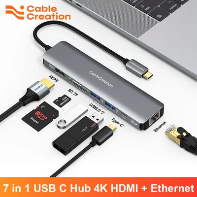 Cablejuice-airies USB Type-C HDMI 4K 60Hz 7 en 1 RJ45 PD 100W SD Dongle pour Macbook Air Pro
