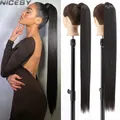 Extension capillaire synthétique queue de cheval 85cm postiche noire longue et lisse faux cheveux