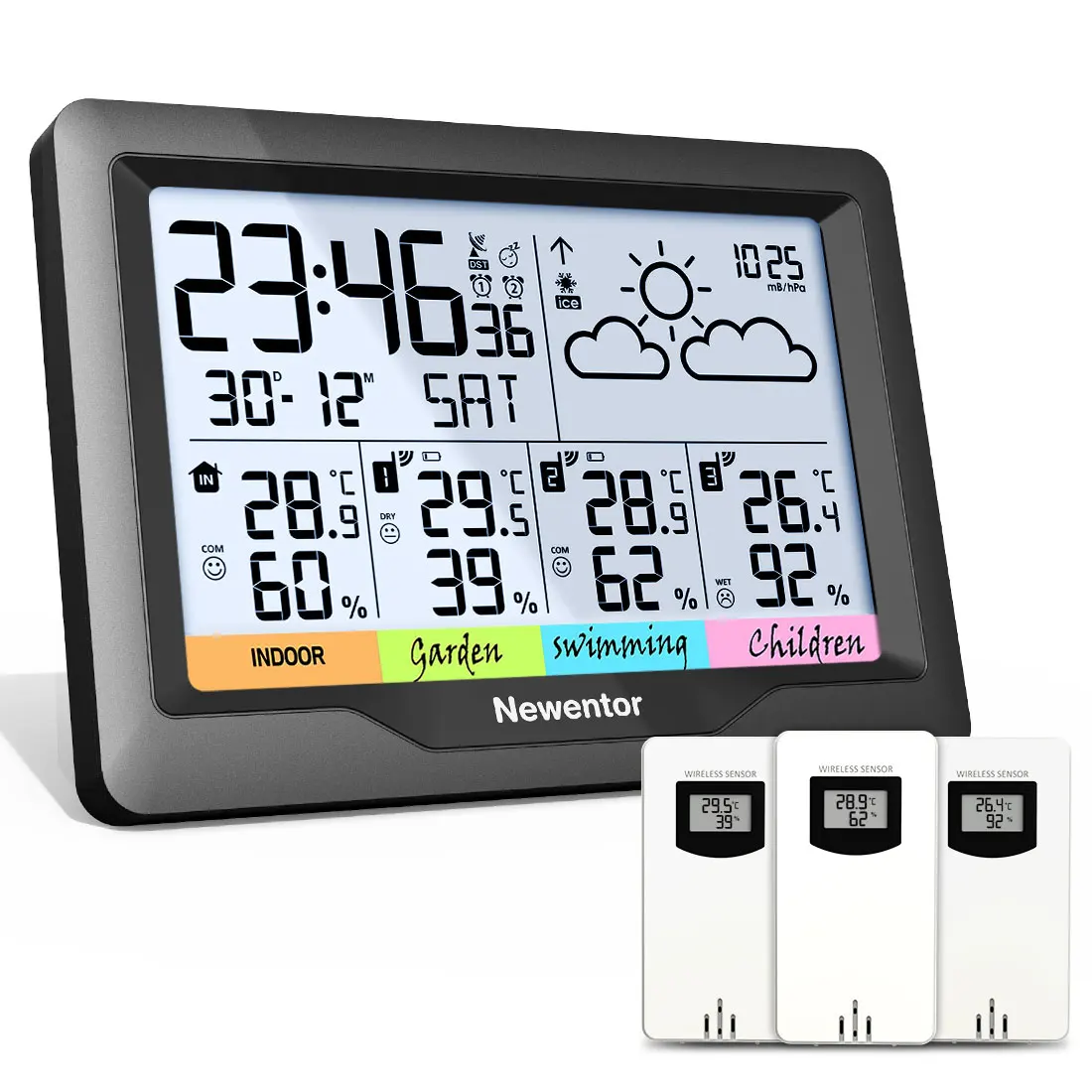 Newentor Q5 Station Météo Numérique Sans Fil Intérieur Extérieur Prévisions Avec 3 Capteurs Hygromètre Humidité Température