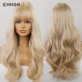 Emmor-Perruque Synthétique Longue Blond Clair avec Frange pour Femme Cheveux Ondulés Naturels