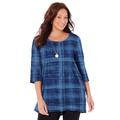 Plus Size Women's Easy Fit 3/4-Sleeve Scoopneck Tee by Catherines in Royal Navy Plaid (Size 2X)