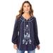 Plus Size Women's Embroidered Boho Tunic by Roaman's in Navy Boho Floral Embroidery (Size 26 W)