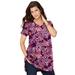 Plus Size Women's Short-Sleeve V-Neck Ultimate Tunic by Roaman's in Dark Berry Butterfly Bloom (Size 5X) Long T-Shirt Tee