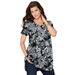 Plus Size Women's Short-Sleeve V-Neck Ultimate Tunic by Roaman's in Black Butterfly Bloom (Size 6X) Long T-Shirt Tee