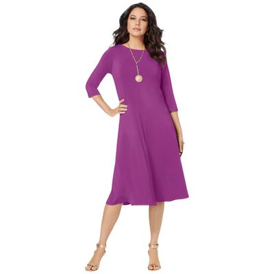 Plus Size Women's Ultrasmooth® Fabric Boatneck Swing Dress by Roaman's in Purple Magenta (Size 26/28) Stretch Jersey 3/4 Sleeve Dress
