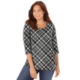 Plus Size Women's Suprema® 3/4 Sleeve V-Neck Tee by Catherines in Black Plaid (Size 0XWP)