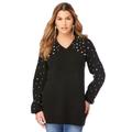 Plus Size Women's Embellished Pullover Sweater with Blouson Sleeves by Roaman's in Black (Size 18/20)