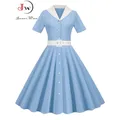 Robe d'été bleue vintage à col rabattu pour femmes manches courtes élégantes robe mi-longue de