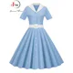 Robe d'été bleue vintage à col rabattu pour femmes manches courtes élégantes robe mi-longue de