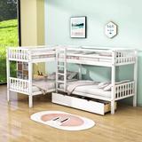 Harriet Bee Twin Over Twin L-Shaped Bunk Beds, Wooden Quad Bed Frame in White | 62.5 H x 80.6 W x 120.6 D in | Wayfair